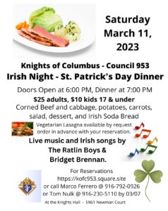 Irish Night - St. Patrick's Day Dinner @ Knights of Columbus 953 Hall